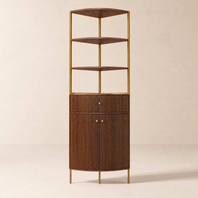 Modern 75" Walnut Etagere Corner Bookshelf with Drawer and 2-Door Cabinet