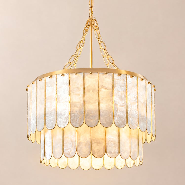 Enseo Coastal 5-Light Capiz Shell 2 Tiered Faceted Chandelier Pendant Light Gold White