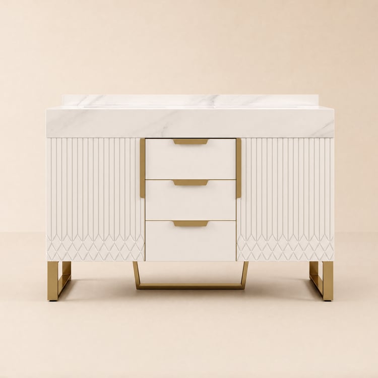 Meuble double vasque Aro sur pied 120 cm blanc brillant avec plan en pierre frittée, poignées dorées