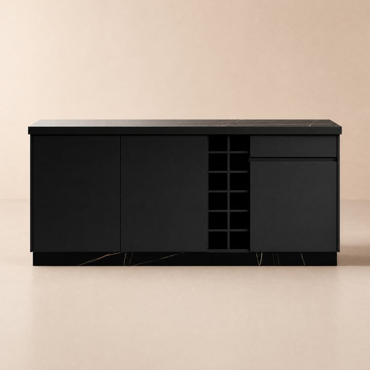 Îlot central de cuisine Japandi 183 cm noir avec rangement et éclairage LED