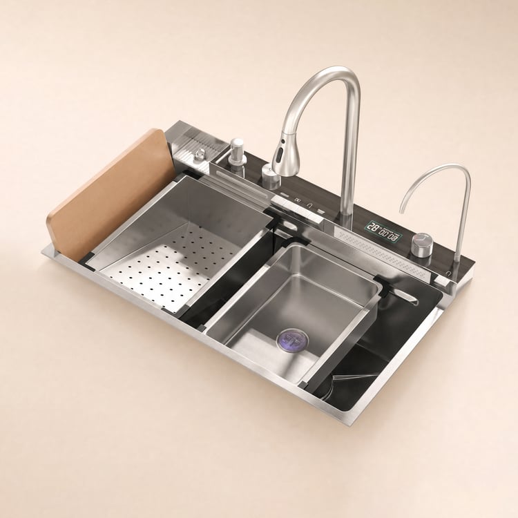 750mm Évier de Cuisine Encastré avec Mitigeur Cuve Unique en Acier Inoxydable