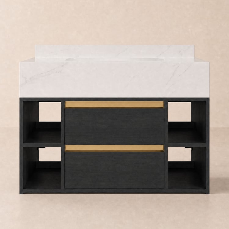 Meuble de salle de bain flottant simple 80 cm avec vasque noir, plateau pierre frittée