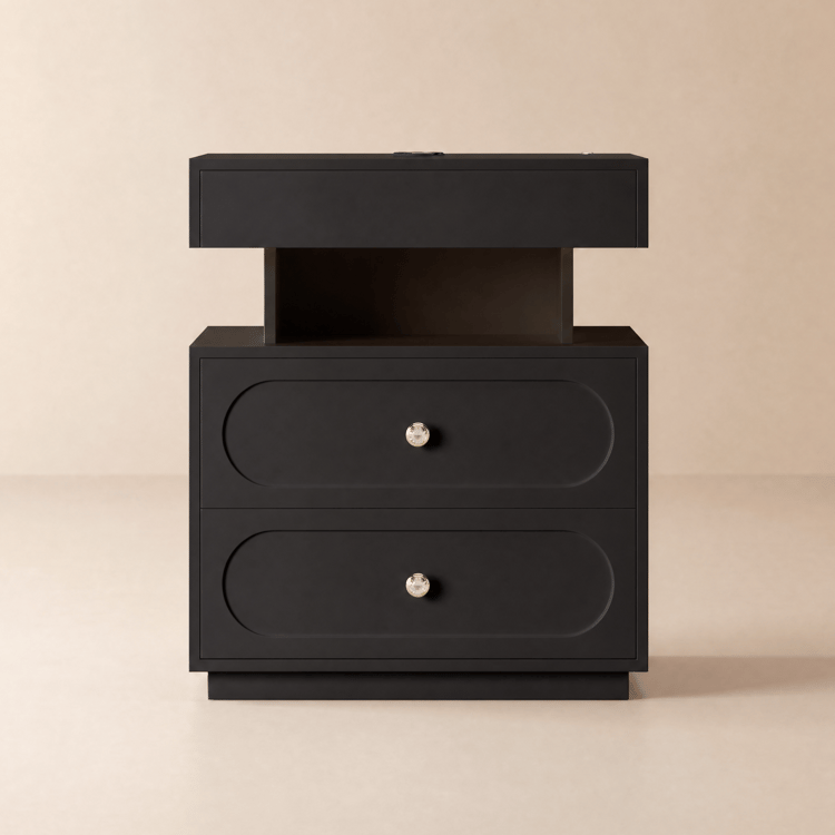 Table de chevet LED Krila avec station de charge et étagère, finition noire