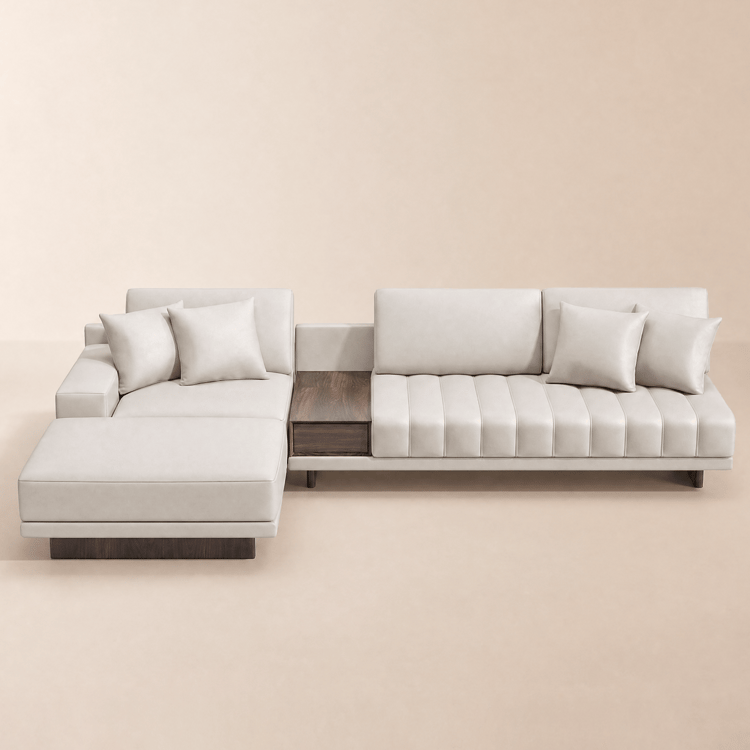 Sofá modular esquinero Vewal de 3 piezas en cuero de alto rendimiento con chaise longue y puff, 320 cm