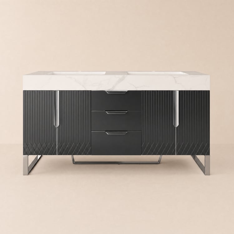 Aro 150 cm Black Double Basin Freestanding Bathroom Vanity Drawers Faux Marble Top