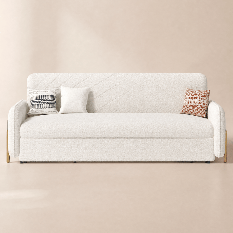 170 cm 3-Seater Warm White Boucle Convertible Sleeper Sofa with Storage & Pillows