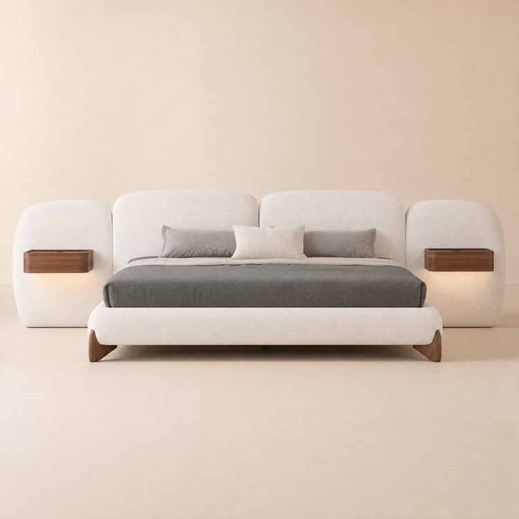 Curva King Size Boucle Bed with Headboard & Floating Smart Nightstand Set
