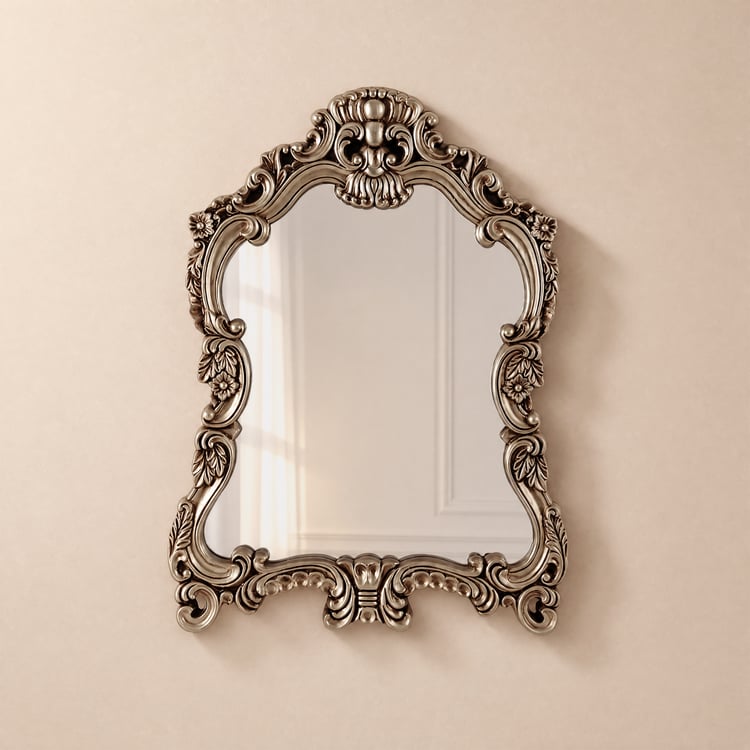 Großer Wandspiegel im Vintage-Stil mit französischem Schild, Dekor aus dem 19. Jahrhundert, champagnerfarbener Goldschmuck