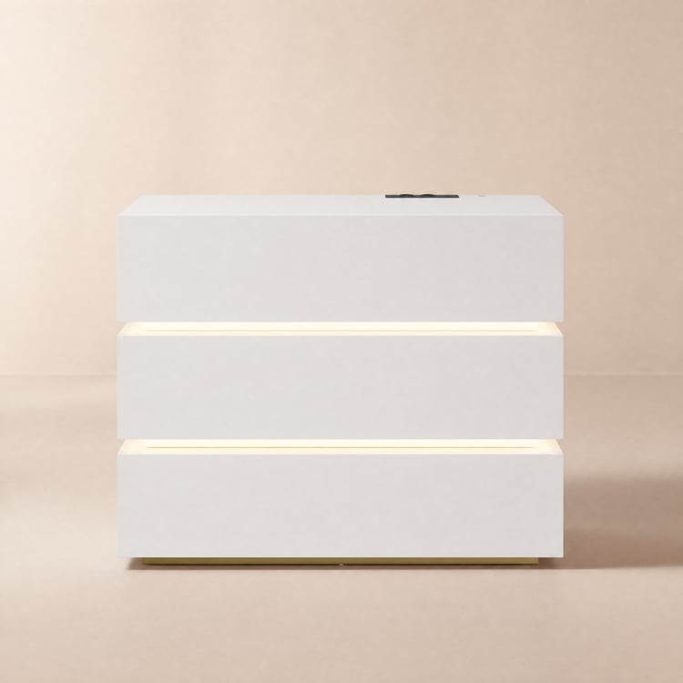 Commode Lumio 100 cm blanche avec LED, 3 tiroirs et station de charge