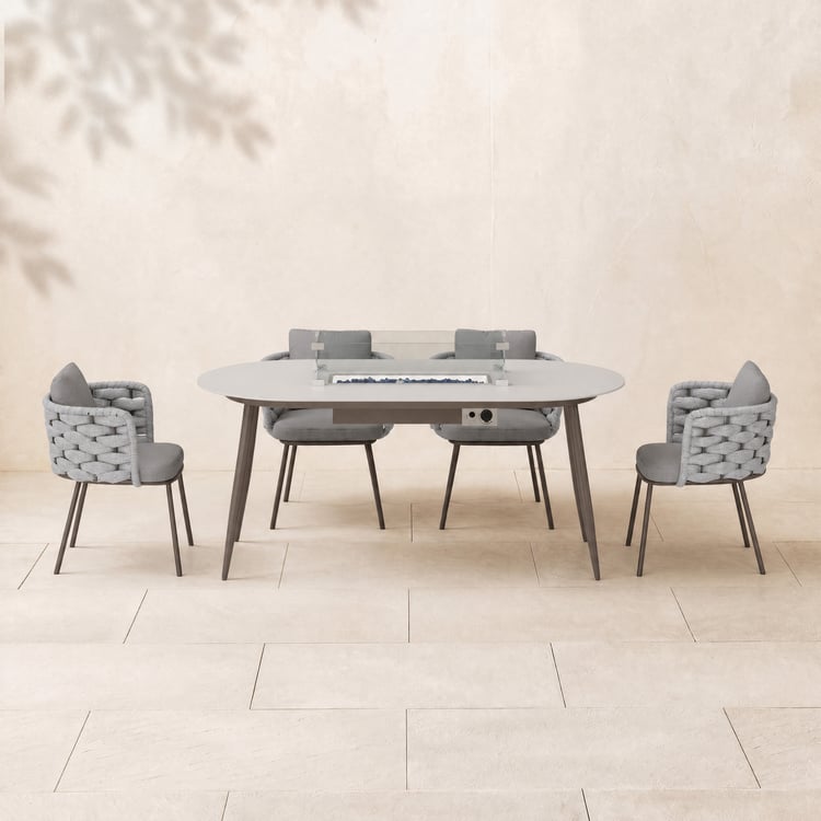 7 Pieces Outdoor Dining Set with Oval Propane Fire Pit Table & Rope Woven Armchair