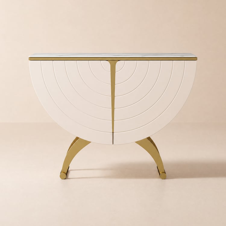 Mesa consola dorada moderna con tapa de piedra sinterizada, armario de almacenamiento con puertas