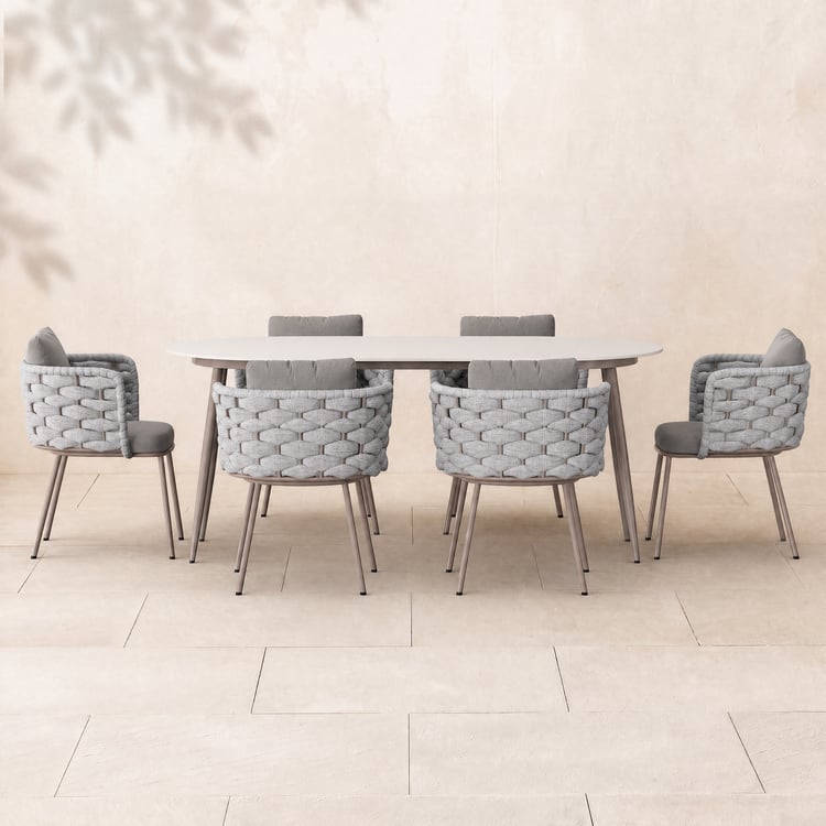 7 Pieces 180 cm Outdoor Sintered Stone Top Dining Table Set with Rope Woven Armchairs