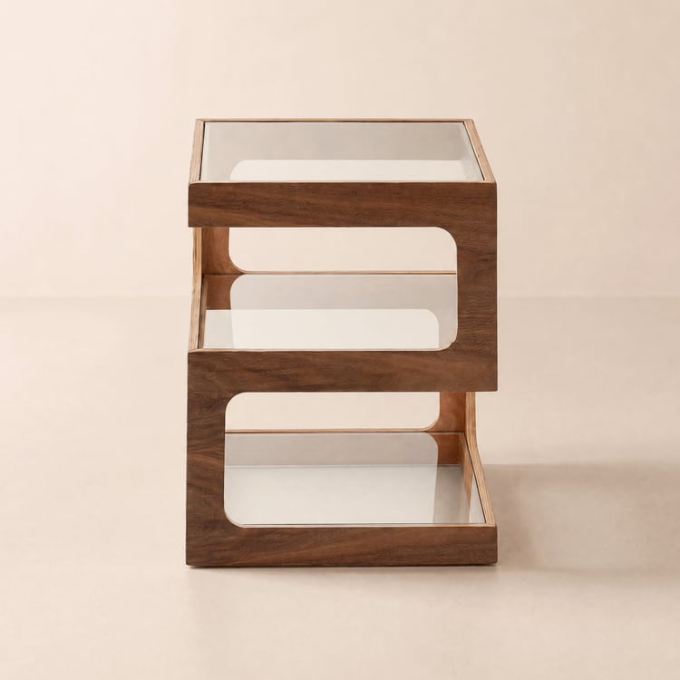 Mesa auxiliar de cristal moderna con mesa auxiliar en forma de S de 3 niveles en nogal