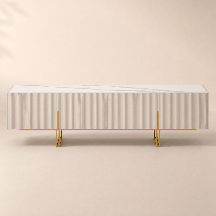 Mueble TV Grovyn 220 cm con tapa de piedra sinterizada y amplio almacenaje- marfil brillante