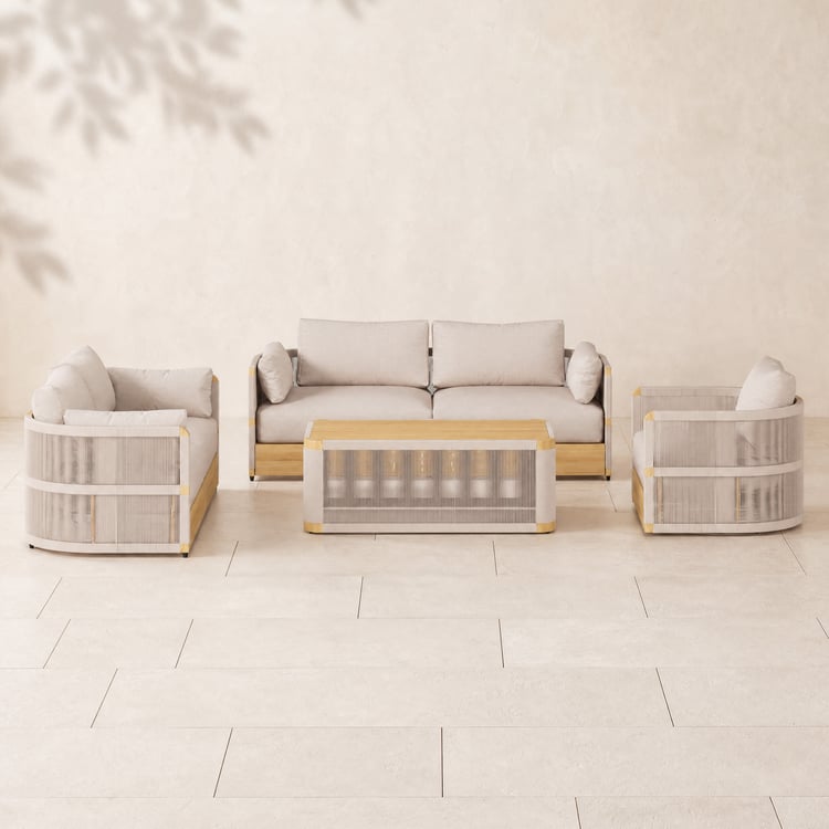 Ensemble de canapé pivotant d'extérieur 4 pièces Costra en corde tissée avec table basse, coloris ivoire, pour 6 personnes