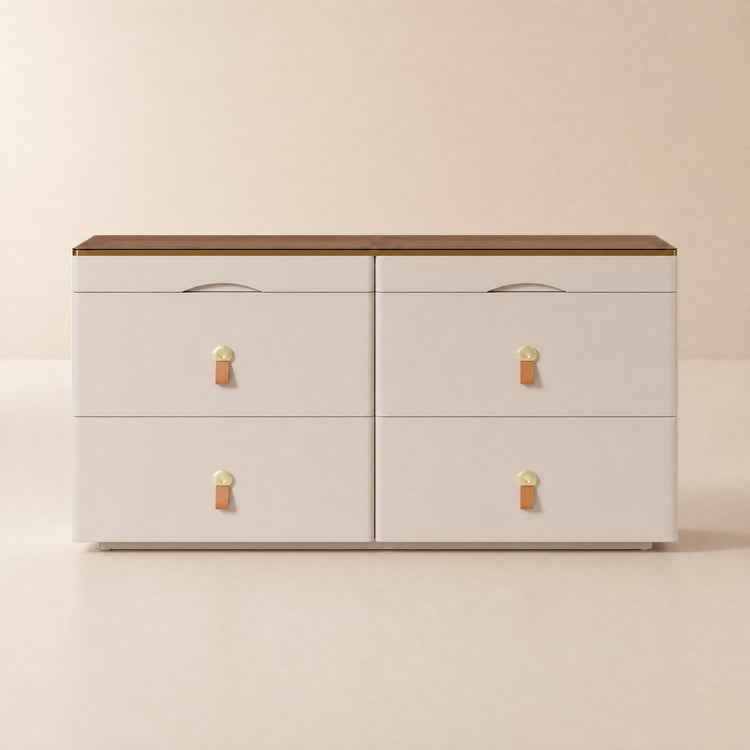 Comò Chanor con piano in vetro, 6 cassetti e espositore per gioielli color champagne, 120 cm