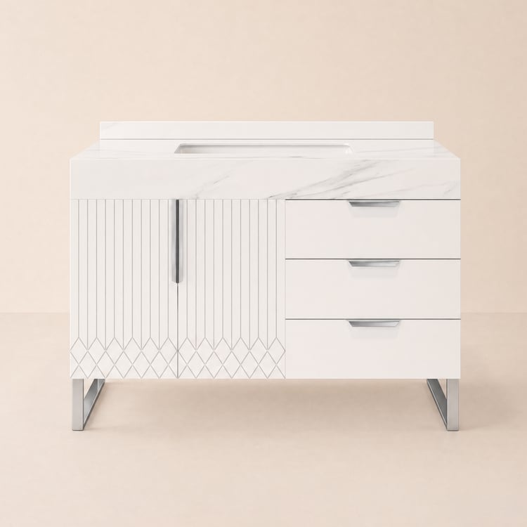 Aro, lavabo da bagno autoportante in ceramica bianca, 900 mm, con piano in finto marmo