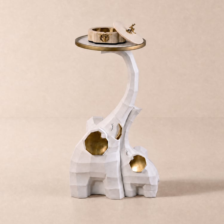 White & Gold End Table with Tray Top Decor Elephant Shape Side Table