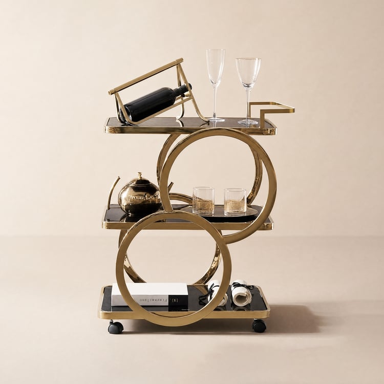 Carrito rodante con barra de ruedas de 3 niveles con asa en negro y oro cepillado, estilo A