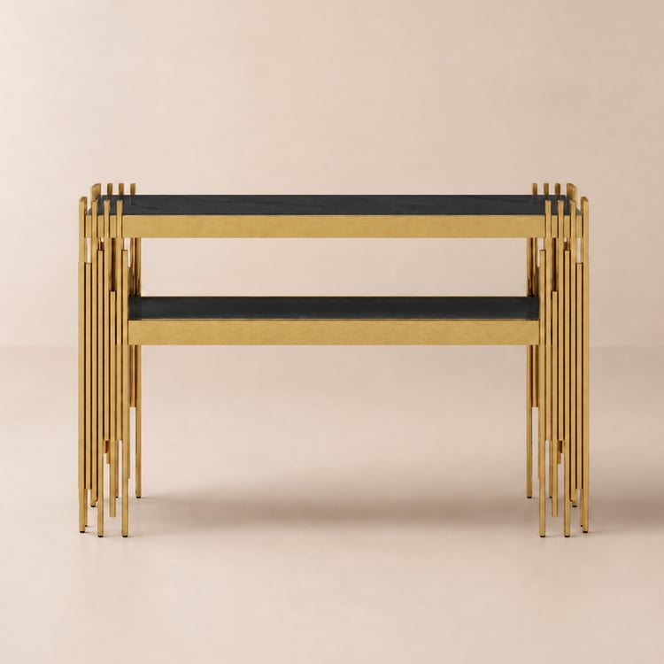 Mesa consola estreita moderna de 119 cm de pedra sinterizada com prateleira de armazenamento e pernas douradas