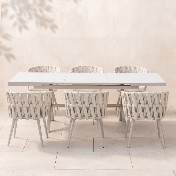 Ensemble de repas de jardin extensible 7 pièces avec 6 chaises en corde tressée, 163 à 214 cm, blanc
