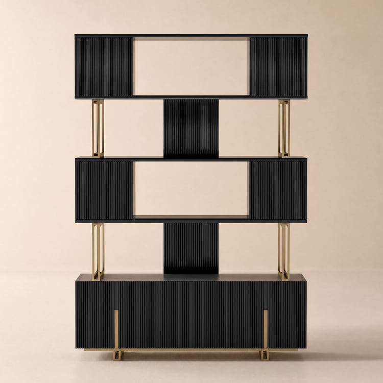 Glossy Black Sliding Door Etagere Bookshelf 5-Shelf Tall Book Shelf Rich Storage-170cm