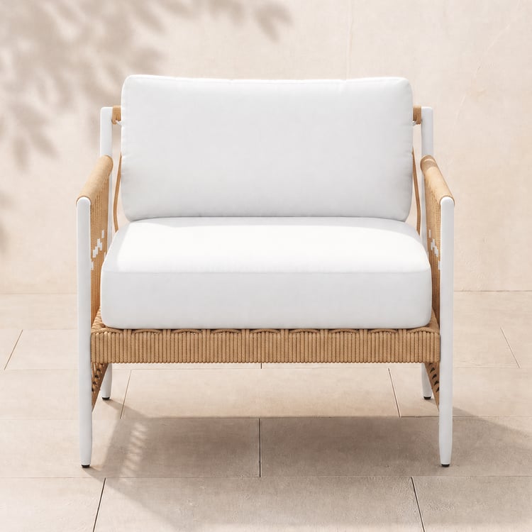 Ropipe Outdoor Armchair with Hand Woven Rope & White Polyester Cushion