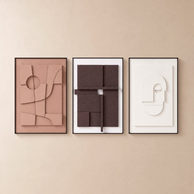 3 Pieces Japandi 3D Wall Art Painting Hanging Wall Decor Set with Black Rectangle Frame