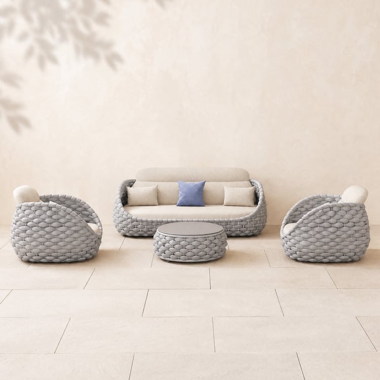 Ensemble de 4 meubles de jardin Cocaro en corde tressée avec table basse et base pivotante, Gris-Blanc