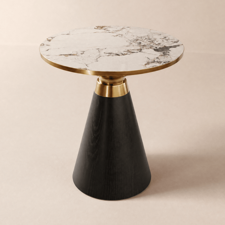 Mesa de apoio de 50 cm com tampo de pedra sinterizada e pedestal preto