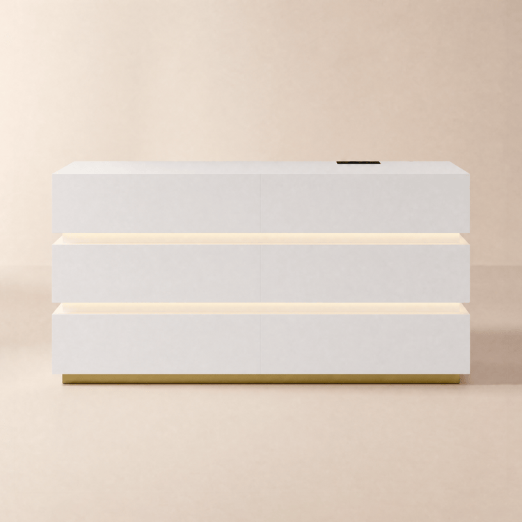 Commode Lumio de 120 cm avec lumière LED, 6 tiroirs et station de charge blanche