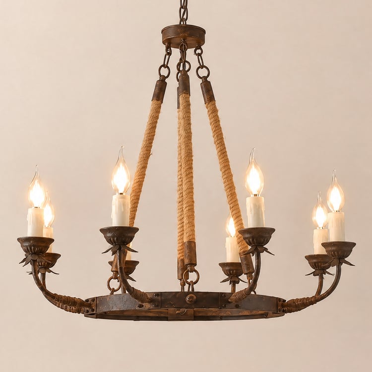 Candlely Lustre Rustique Candélabre Rond à 8 Ampoules Fer en rouilleet Corde de Chanvre