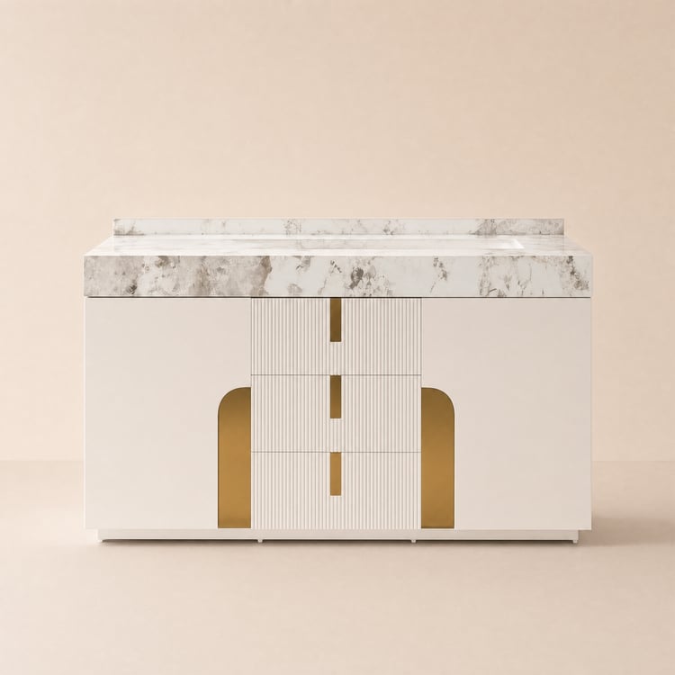 Meuble vasque double Artis 152 cm avec plan en pierre frittée et rangement