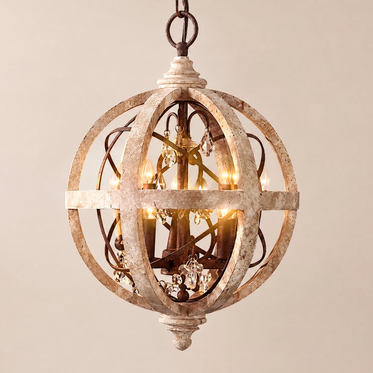 Lustre Rétro Rustique en Bois Vieilli en Cristal Orbe en Cristal à 3 Ampoules