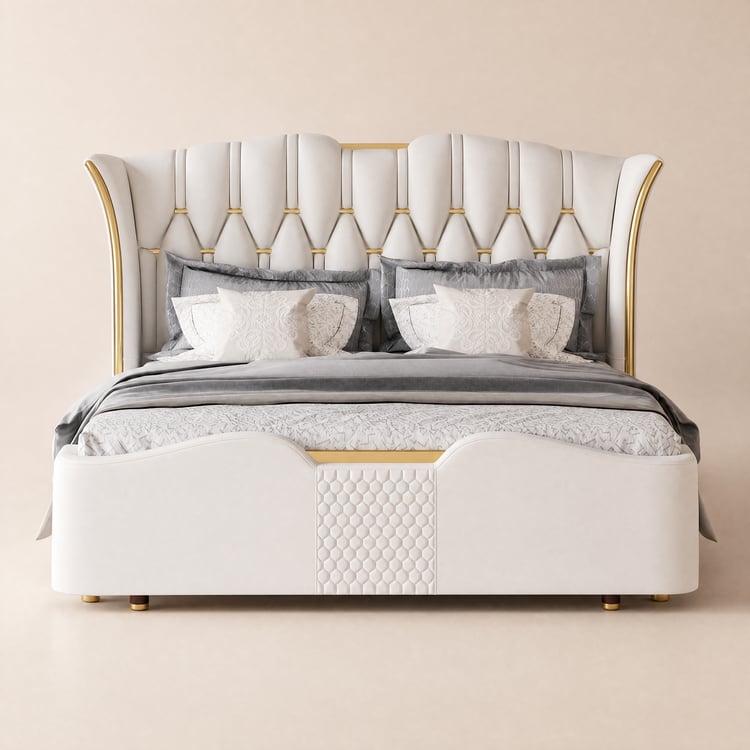 Luxury King White Leather Bed with Tufted Wingback Headboard