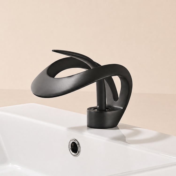 Grifo de baño moderno y elegante con forma de cascada, de latón, color negro