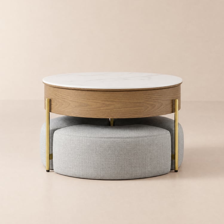 Modern 32" Round Lift-top Coffee Table Set with 3 Ottomans & Tempered Glass Top