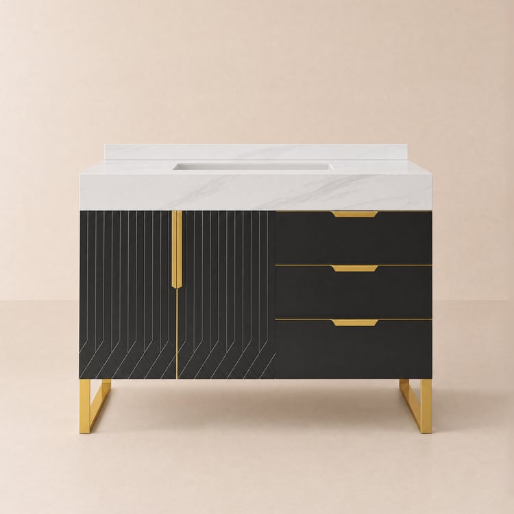 Aro 90 cm Black Freestanding Ceramics Basin Bathroom Vanity Drawers Faux Marble Top