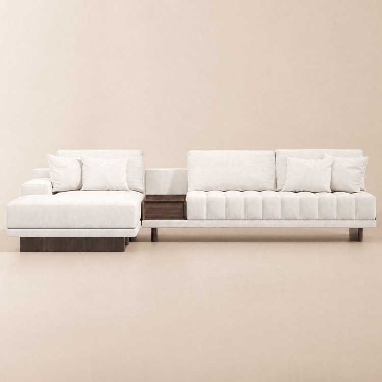Sofá Seccional Modular em L Vewal de 320 cm em Veludo com Chaise e Puff