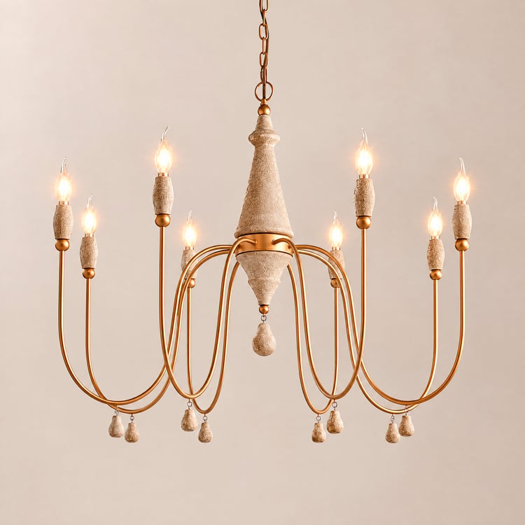 Mid Century Modern Farmhouse 8-Light Candle-Style Chandelier Wood Pendant Light in Gold