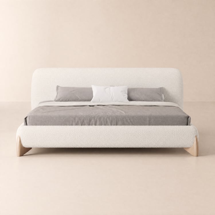 Curva King Boucle Upholstered Platform Bed with Natural Legs