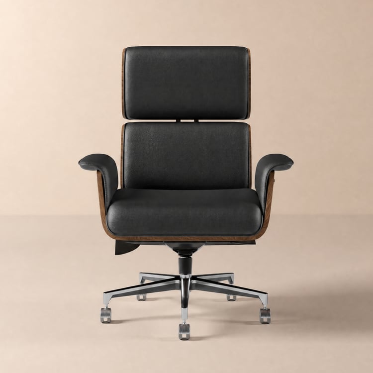 Black upholstered swivel and adjustable desk chair with wooden base