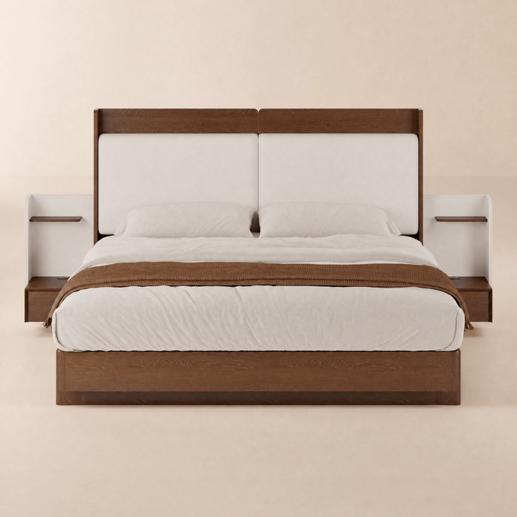 Solid Wood Bed with Leather Extended Headboard and Floating Smart Nightstand Set