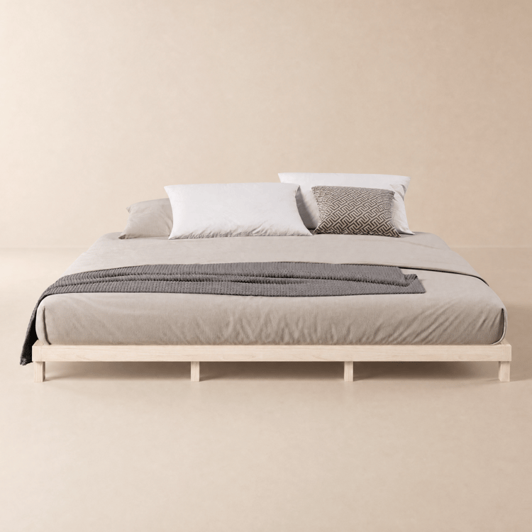 Japanese Style King Floor Wood Bed in Whitewash