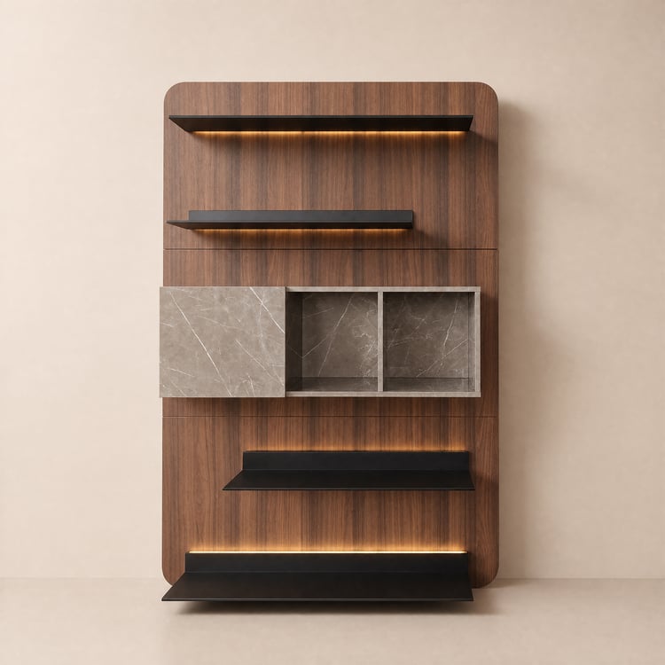 5-Tier Modern Walnut Floating Bookshelf with Storage and LED Bookcase