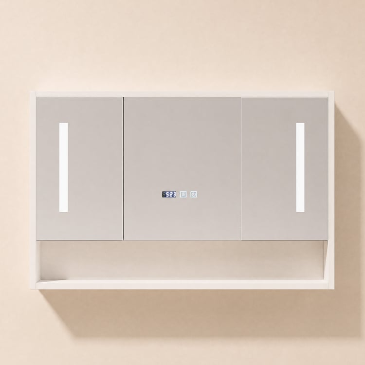 1000mm White LED Medicine Cabinet with Adjustable Lighting, Demister & Digital Clock