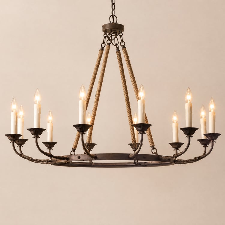 Bever Vintage 12-Light Candelabra Wagon Wheel Chandelier with Flaxen Hemp Rope