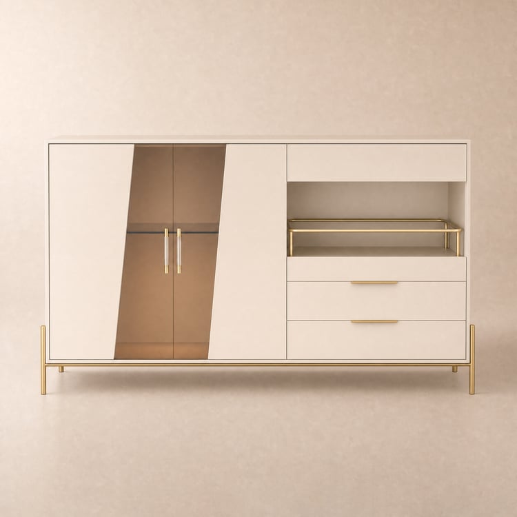 Commode Dolawn en kaki clair avec casier à vin ouvert, 140 cm