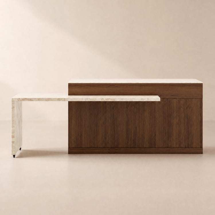205 - 270 cm Extendable Walnut Kitchen lsland with Doors&Drawers Marble Pattern Top