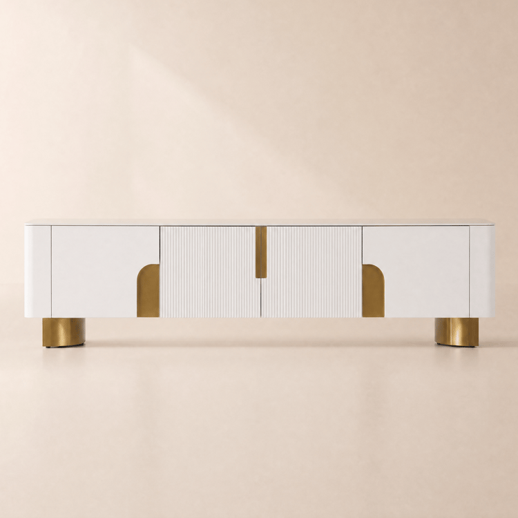 Mueble de TV Artis de 200 cm con tapa de piedra, beige y dorado, con 4 puertas y almacenamiento
